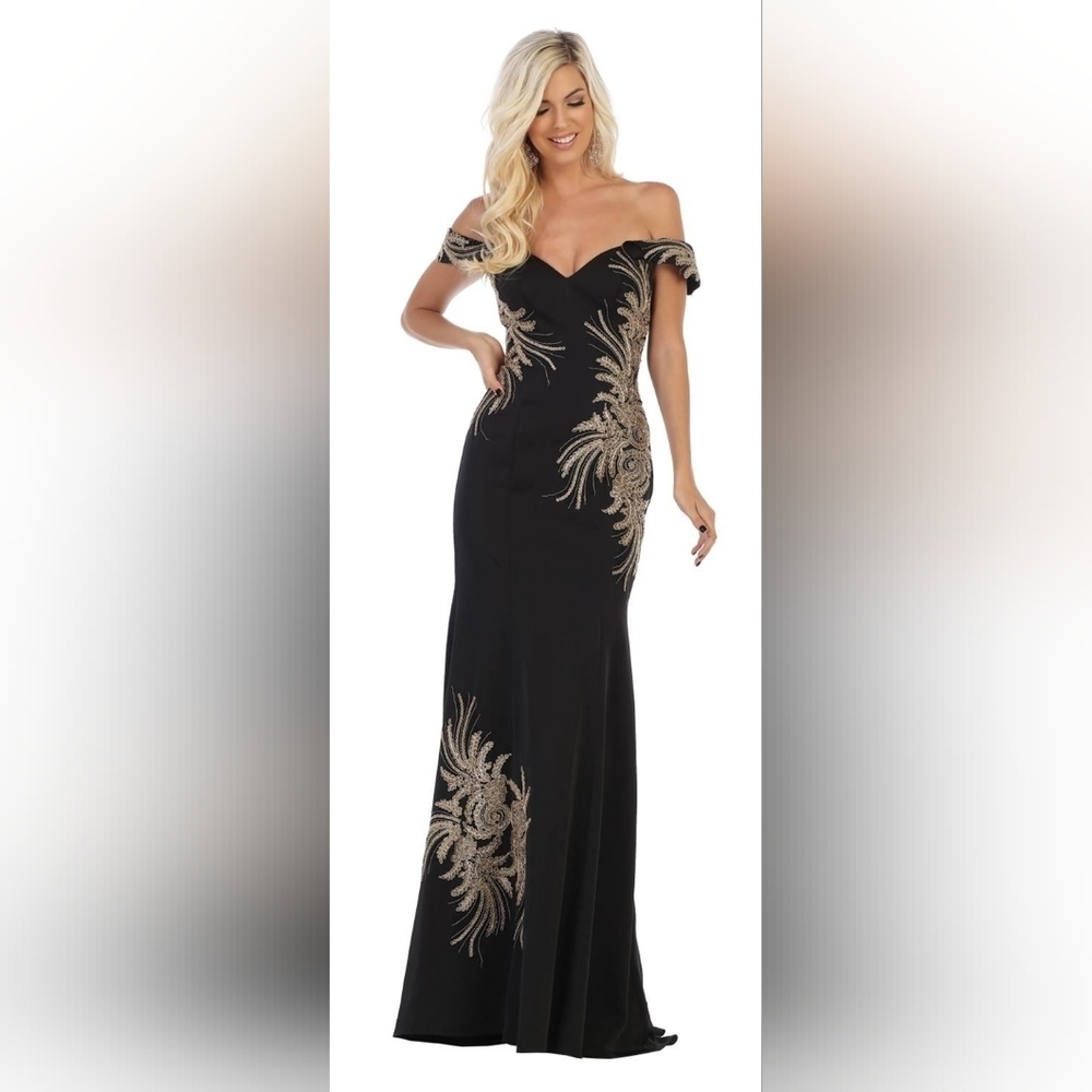 Black and Gold Asymmetrical Embellished Prom Gown